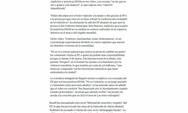 Ahora Madrid aclara al PP que su gobierno financió el vídeo 'Tomboys, Marimachas, Bedesemeras', con imágenes BDSM” La Vanguardia 17/03/2017